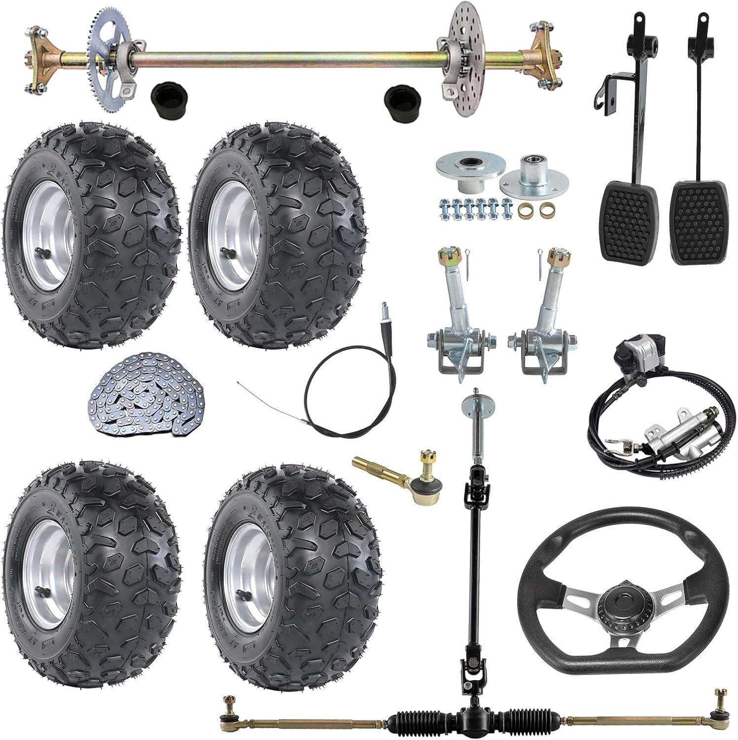 Complete 29" Go Kart Rear Live Axle Kit with 145/70-6 Wheels, Steering, Brakes, and 3-Stud Hubs – Ideal for Drift Trikes, ATVs, Quads, and Buggy Builds